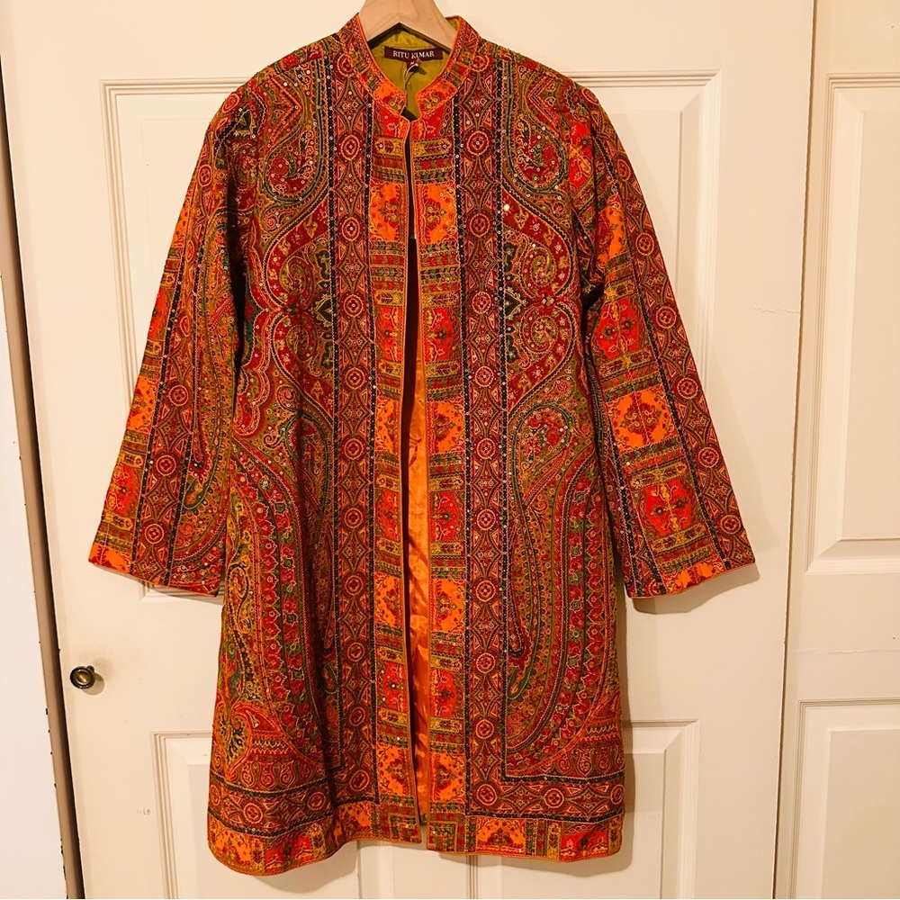 Ritu Kumar | Jacket | Embroidered Silk/Cotton Jacket in Pumpkin